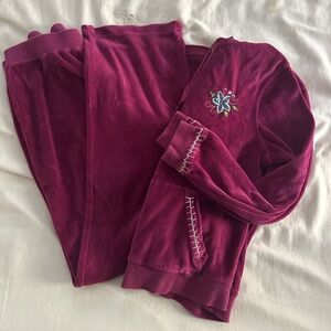 Vintage Burgundy Tracksuit with Embroidered Flower